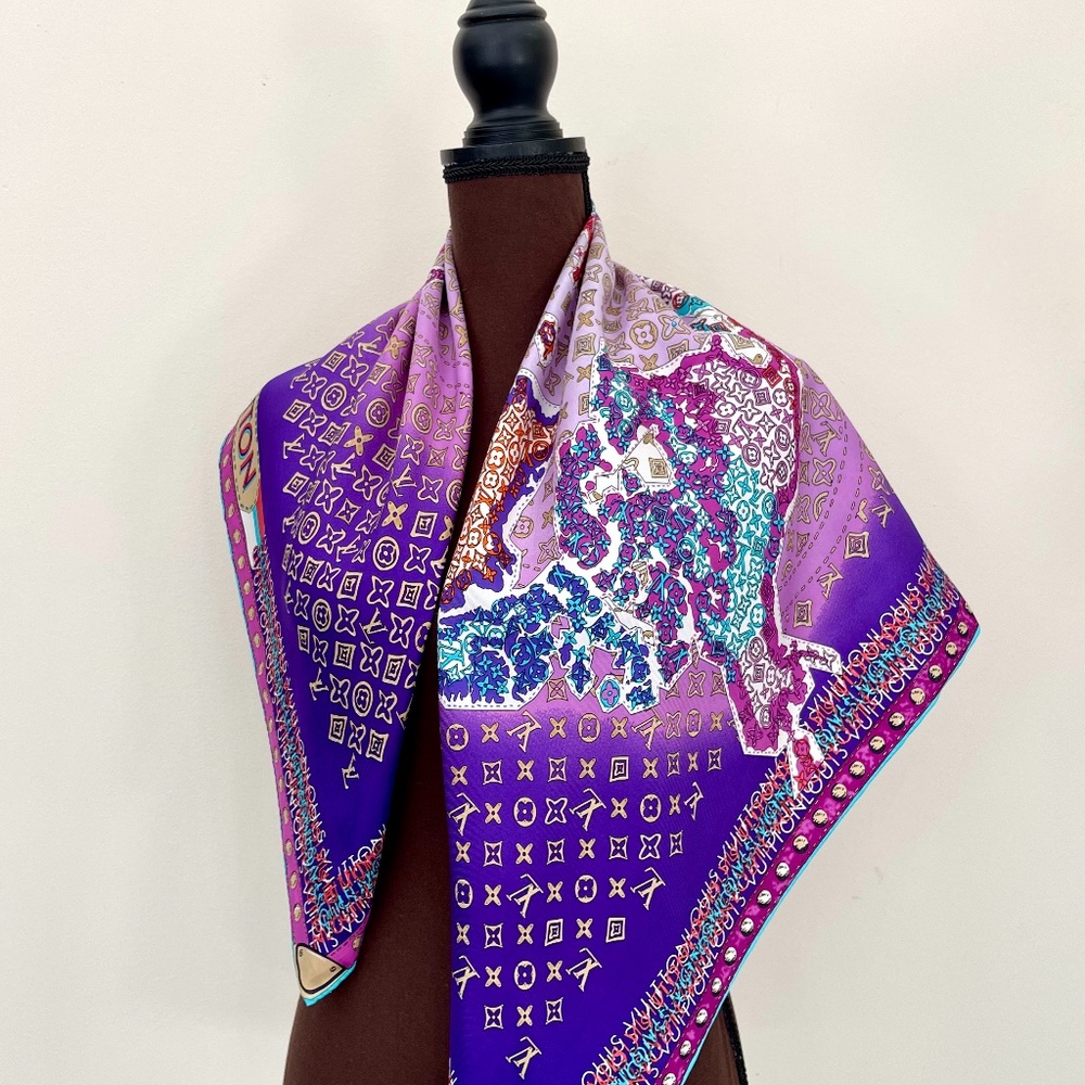 Display # 1 Louis Vuitton Monogram Map Square Purple Silk Scarf - Picture 7 of 16